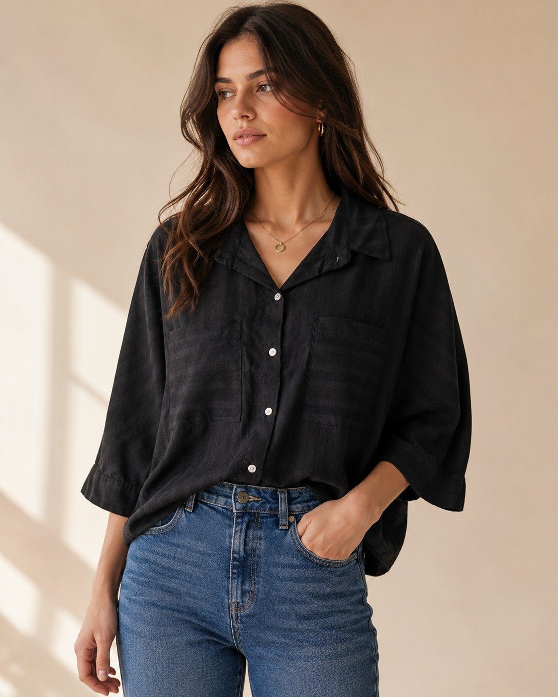 Korean Stylish Textured Cotton Batwing Shirt