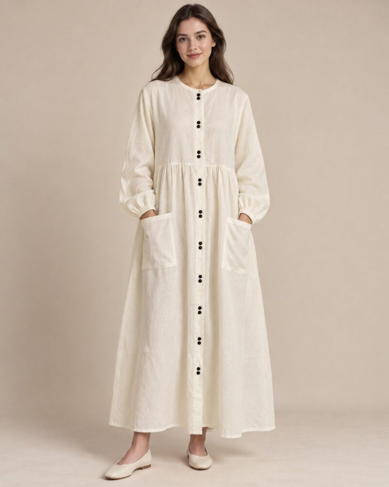 Offwhite Linen Maxi Buttoned Dress