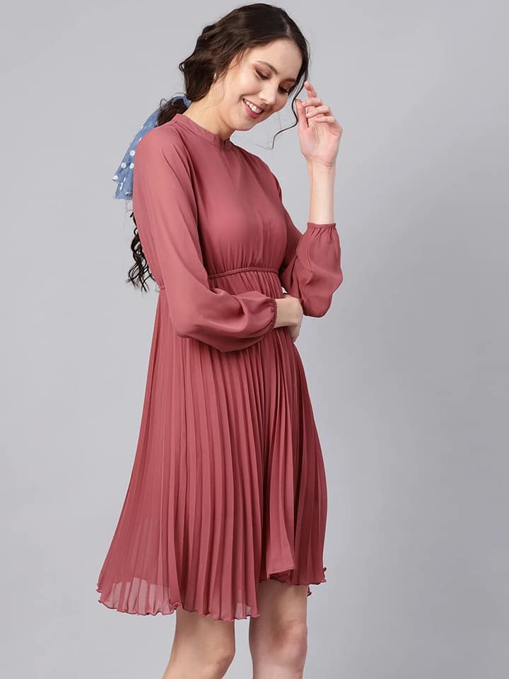 Rose Pink Mandrain Collar Pleated Skater Dress - Image 2