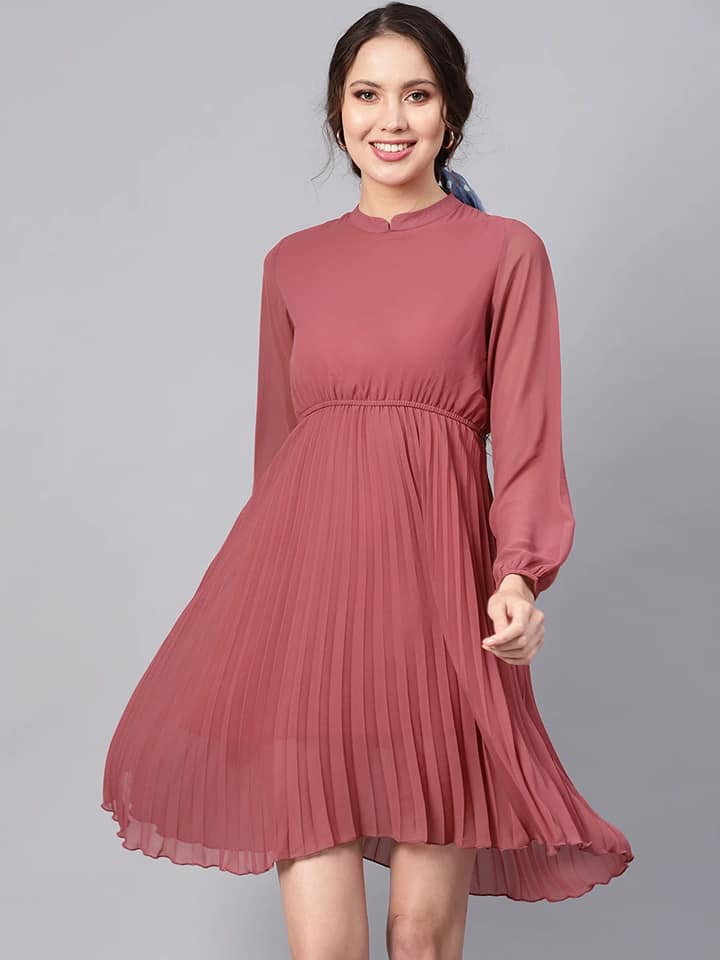 Rose Pink Mandrain Collar Pleated Skater Dress - Image 3