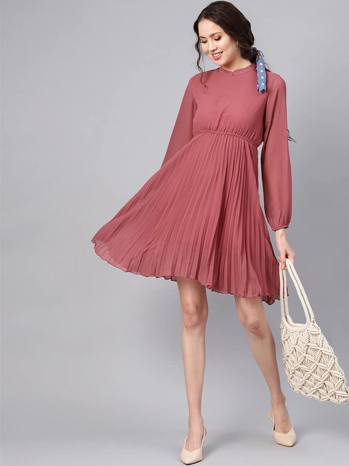 Rose Pink Mandrain Collar Pleated Skater Dress
