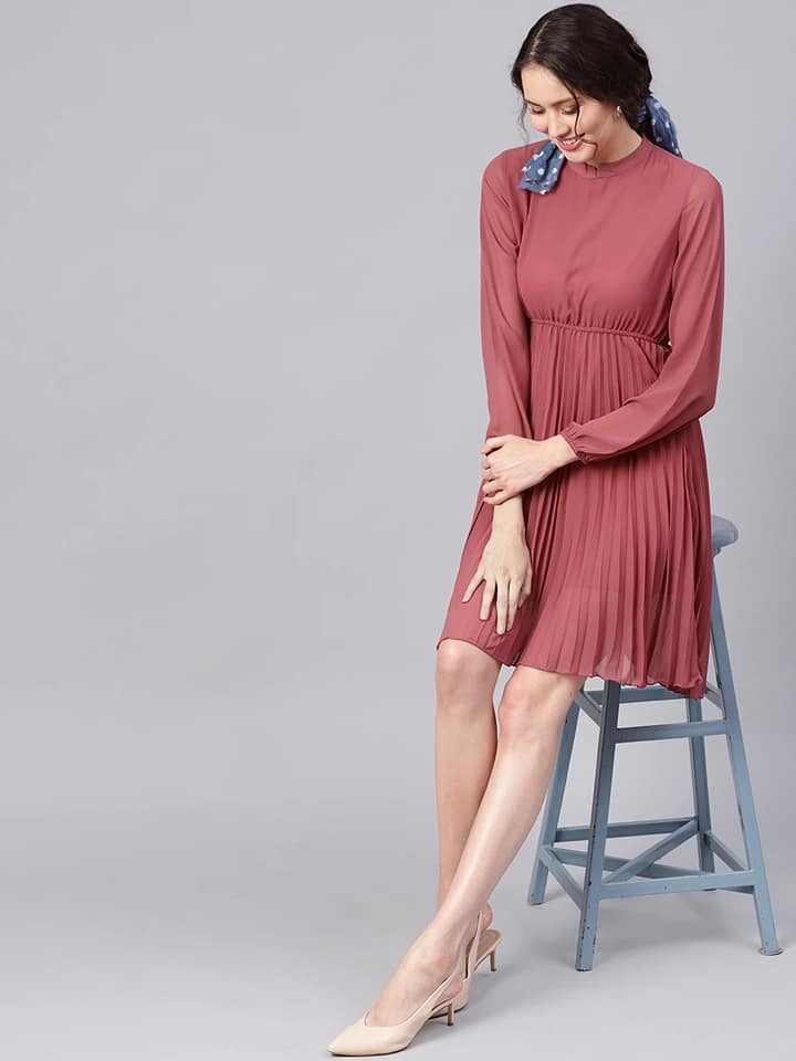 Rose Pink Mandrain Collar Pleated Skater Dress - Image 4