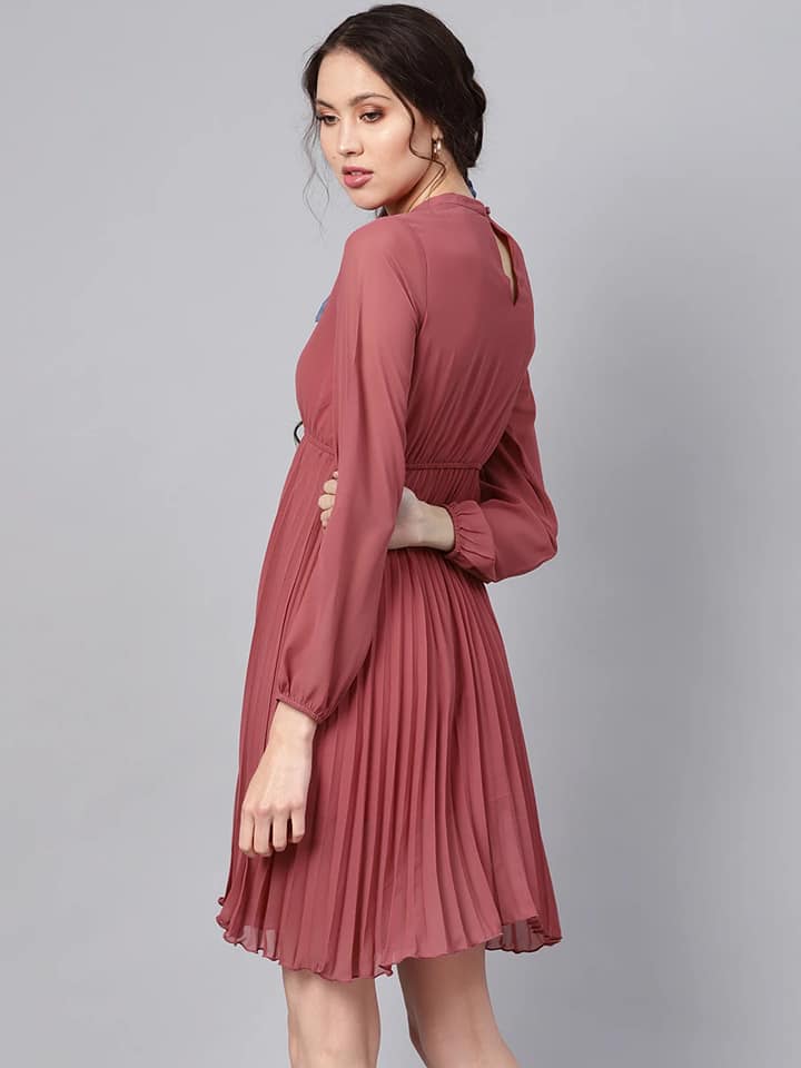 Rose Pink Mandrain Collar Pleated Skater Dress - Image 5