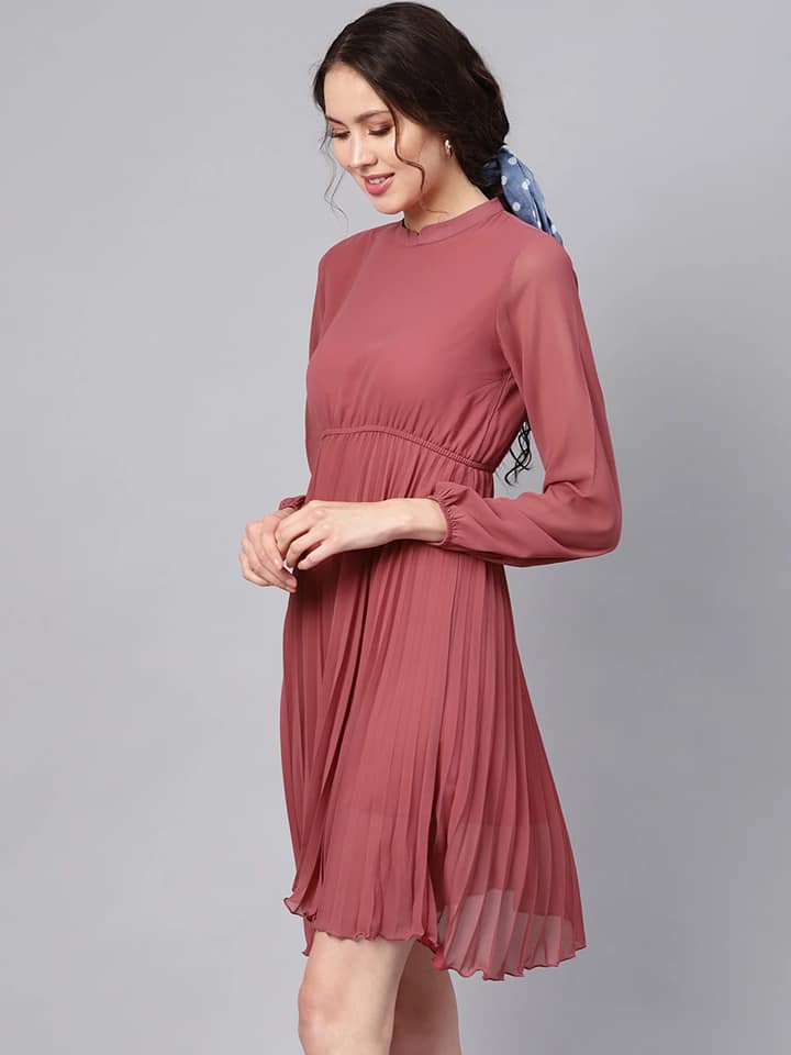 Rose Pink Mandrain Collar Pleated Skater Dress - Image 6