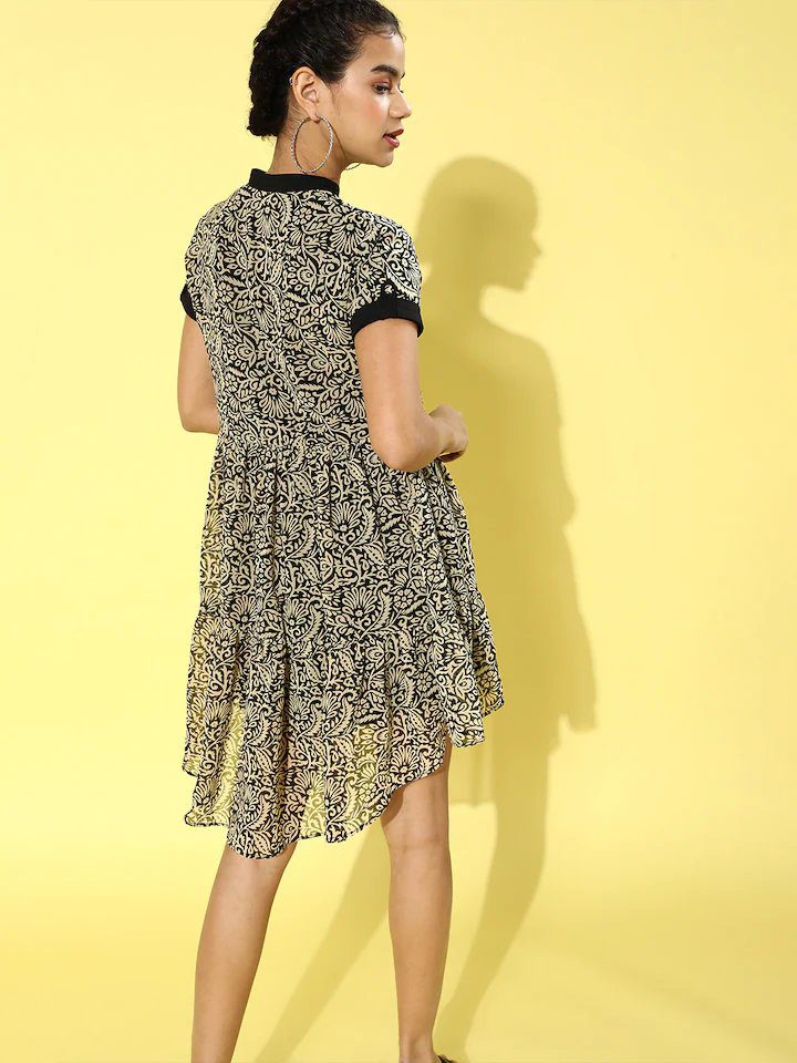 High Low Stylish Black Floral Dress - Image 3