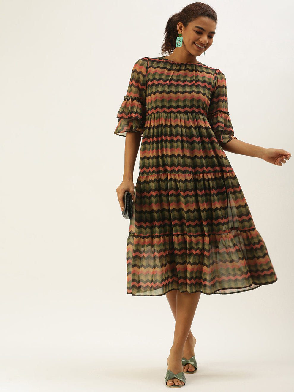 Black and Green Chevron Tiered Midi Dress Pinkberry Apparels Black and Green Chevron Tiered Midi Dress Pinkberry Apparels