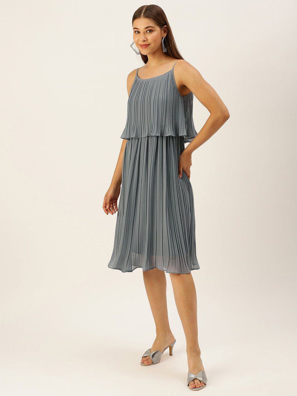 Grey Accordion Pleated Layered Georgette Dress - Image 3