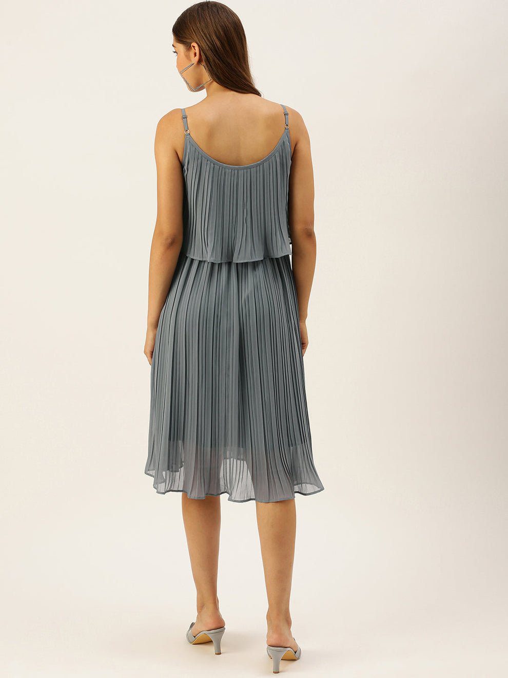 Grey Accordion Pleated Layered Georgette Dress - Image 4