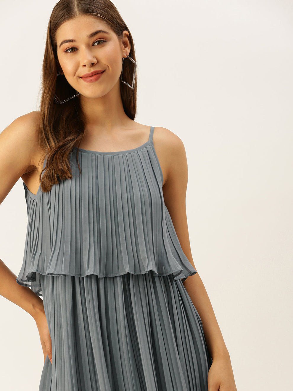 Grey Accordion Pleated Layered Georgette Dress - Image 5
