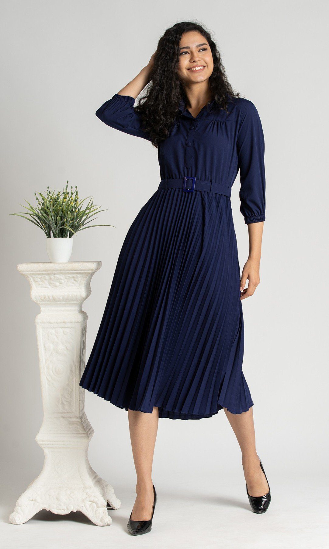 Women's Blue Solid Shirt Dress with Belt