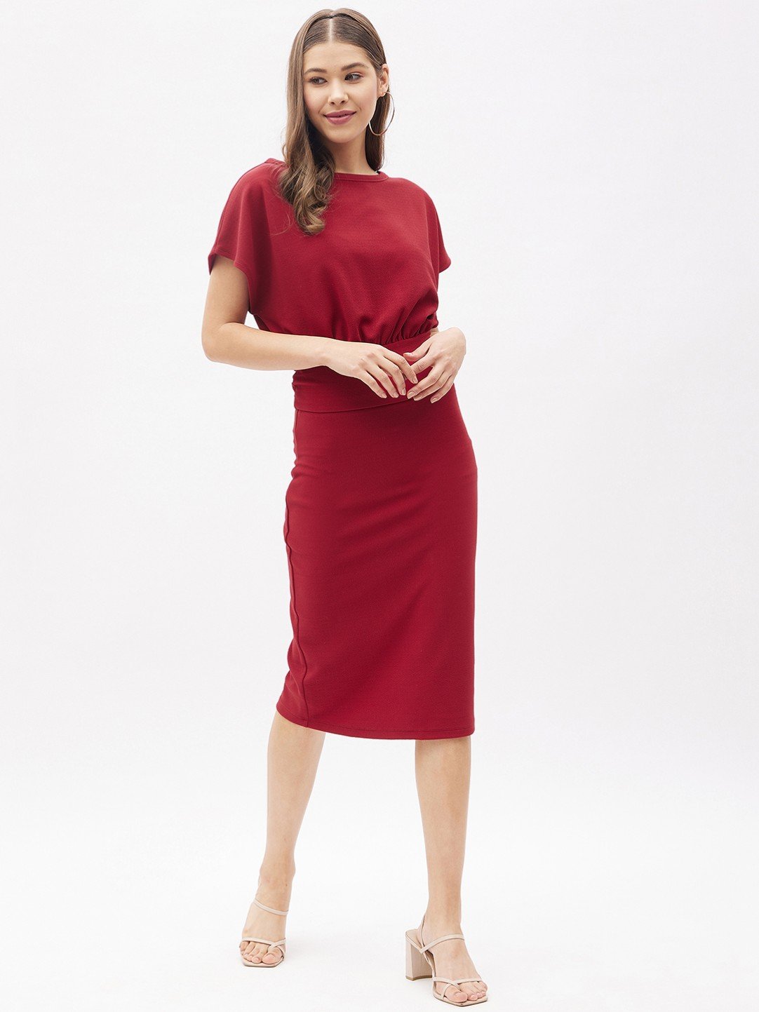 BUSINESS FORMALS: Burgundy Extended Sleeves Sheath Dress - Image 2