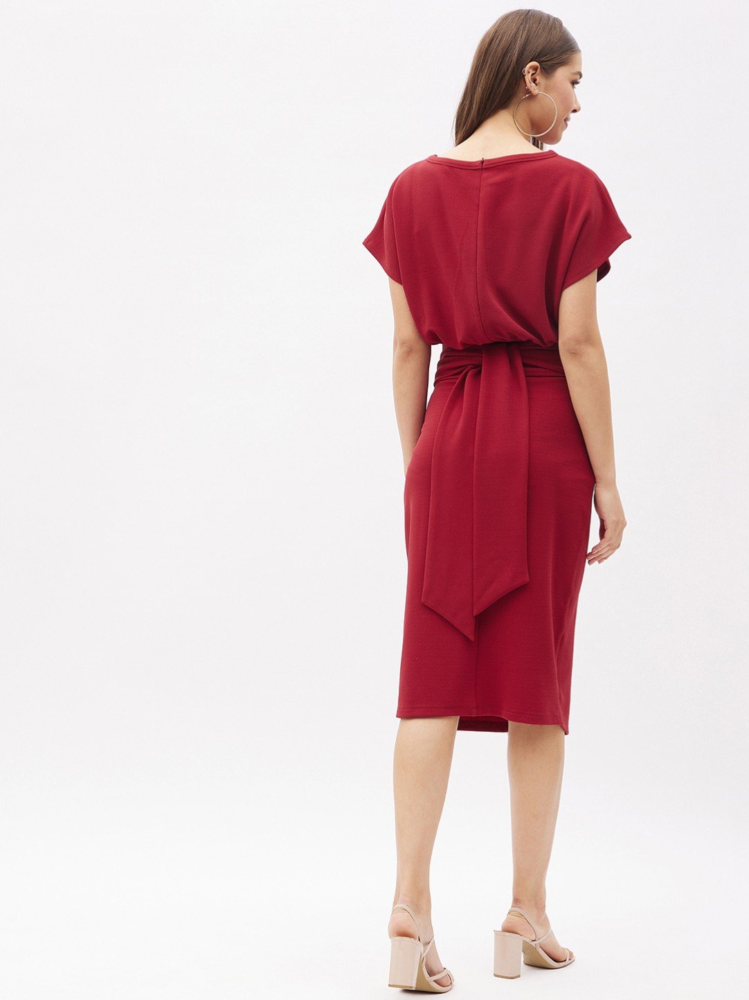 BUSINESS FORMALS: Burgundy Extended Sleeves Sheath Dress - Image 4