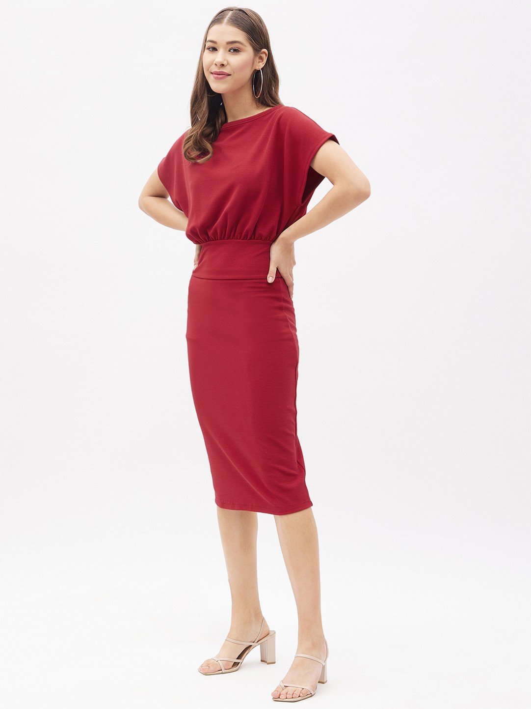 BUSINESS FORMALS: Burgundy Extended Sleeves Sheath Dress - Image 3