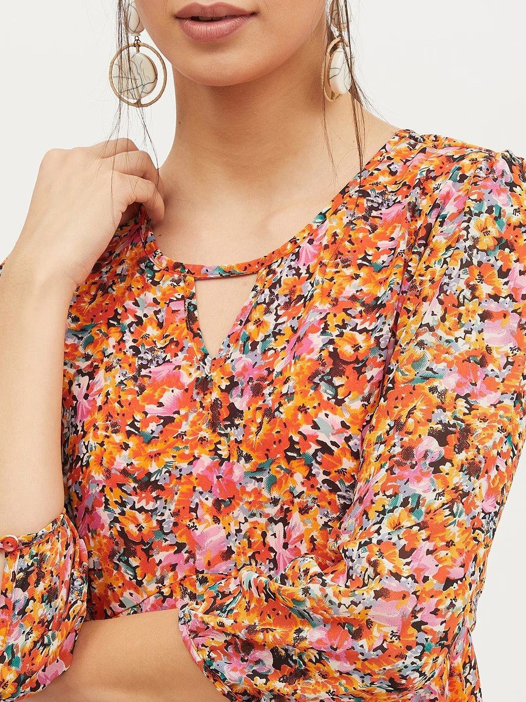 Women Orange & Pink Floral Front Button Dress