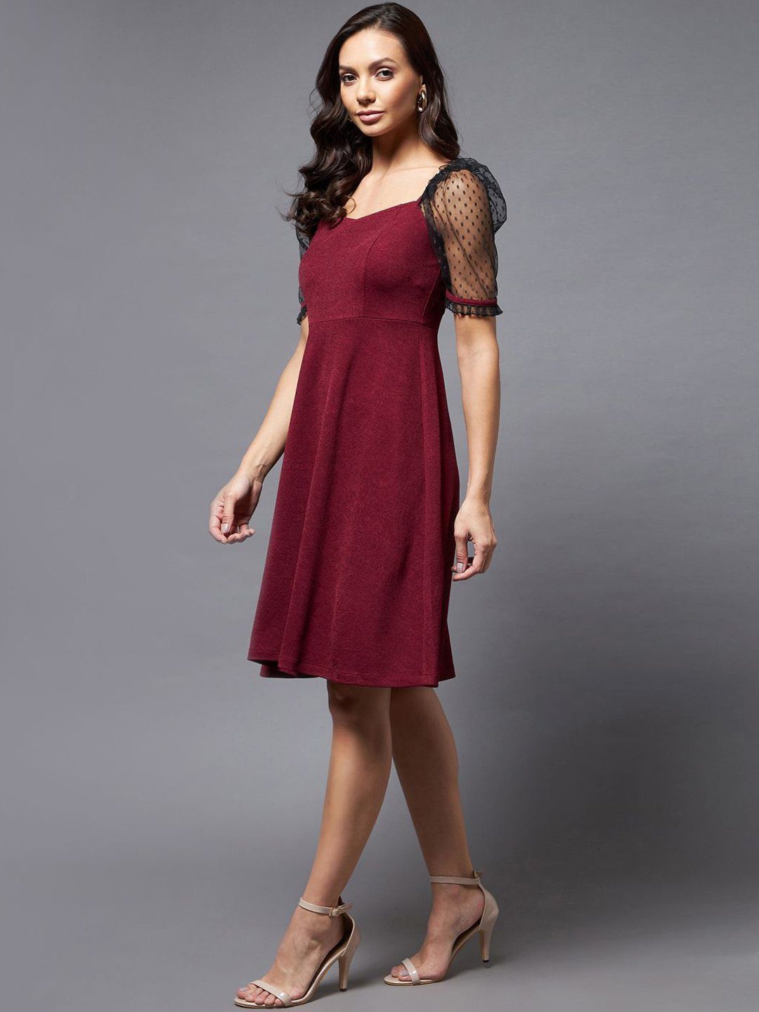 Chic Burgundy Lace Inserts A Line Dress - Image 2