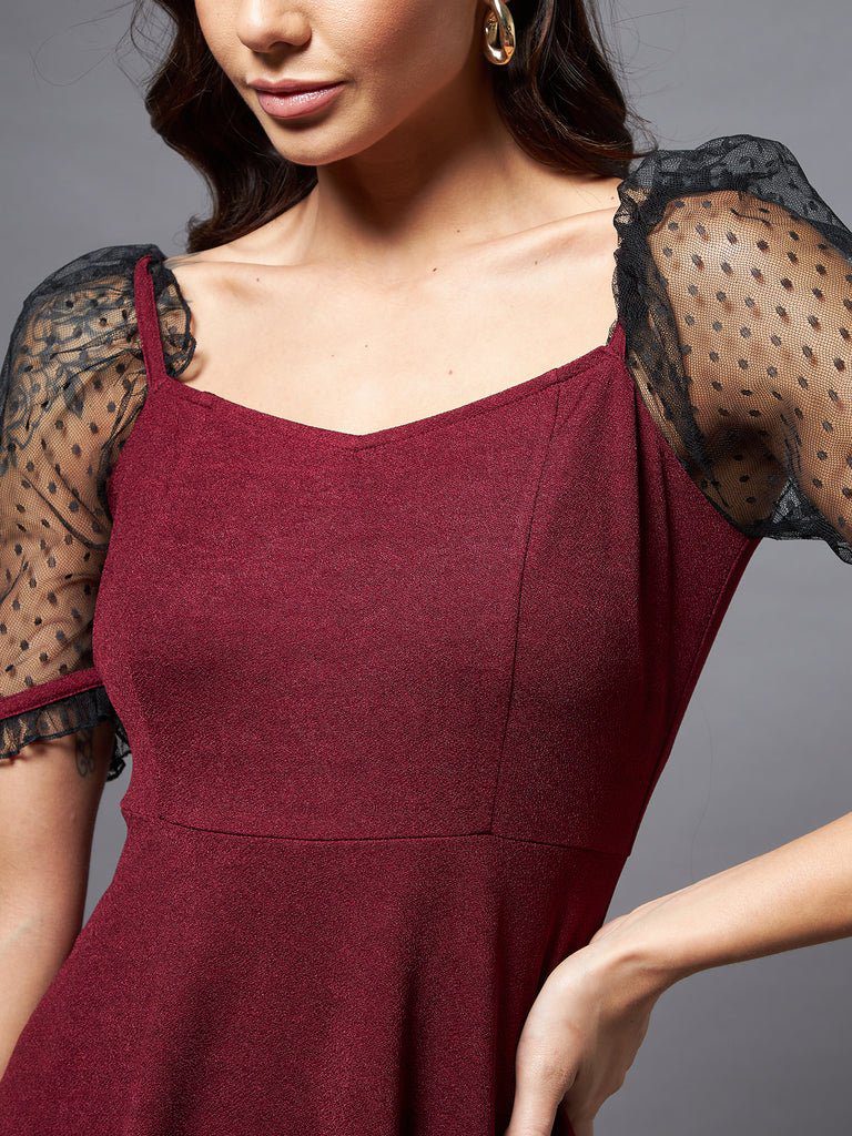 Chic Burgundy Lace Inserts A Line Dress - Image 3