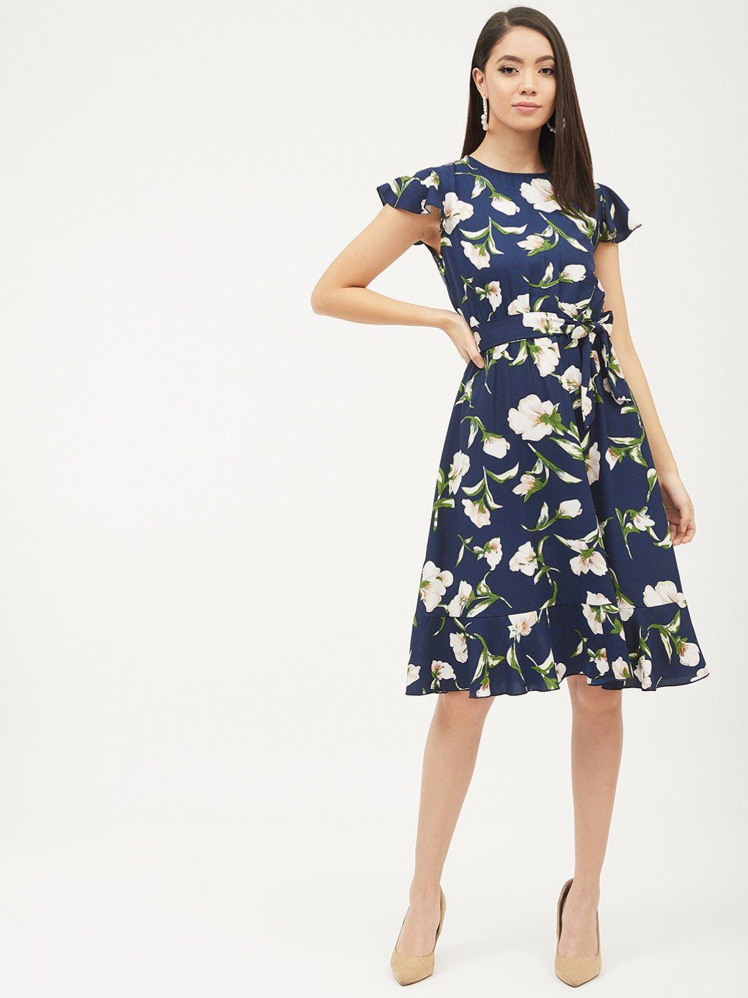 Navy Blue Floral Women Flared Dress