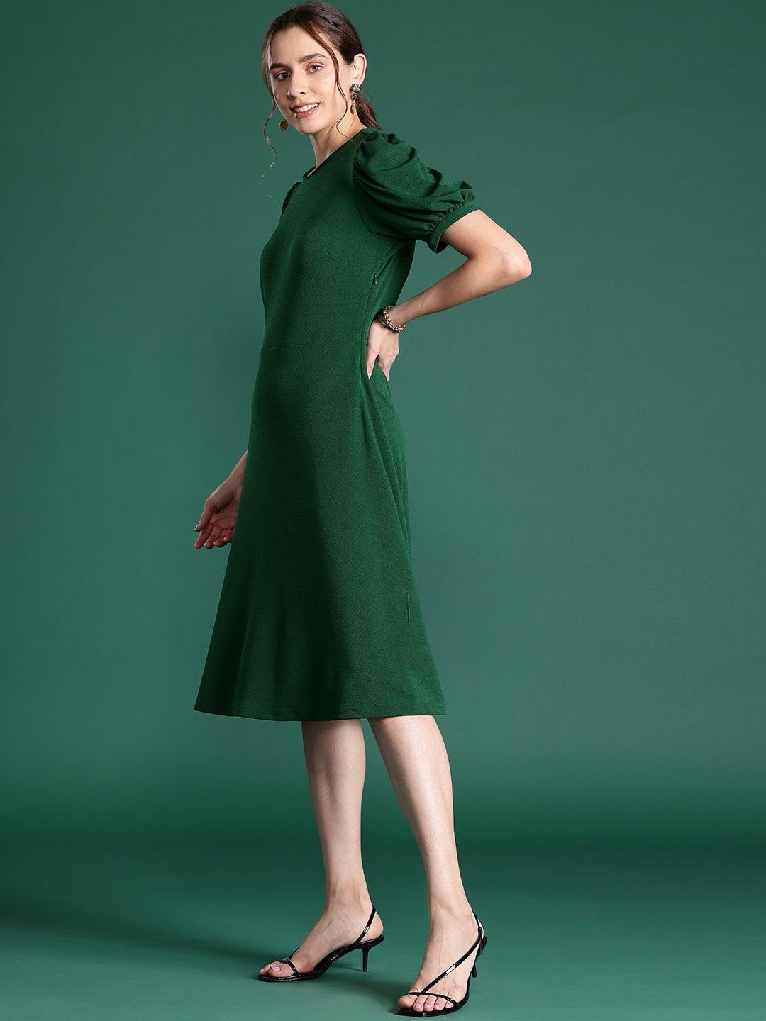 Women's Solid Green A-Line Knee Length Denim Dress