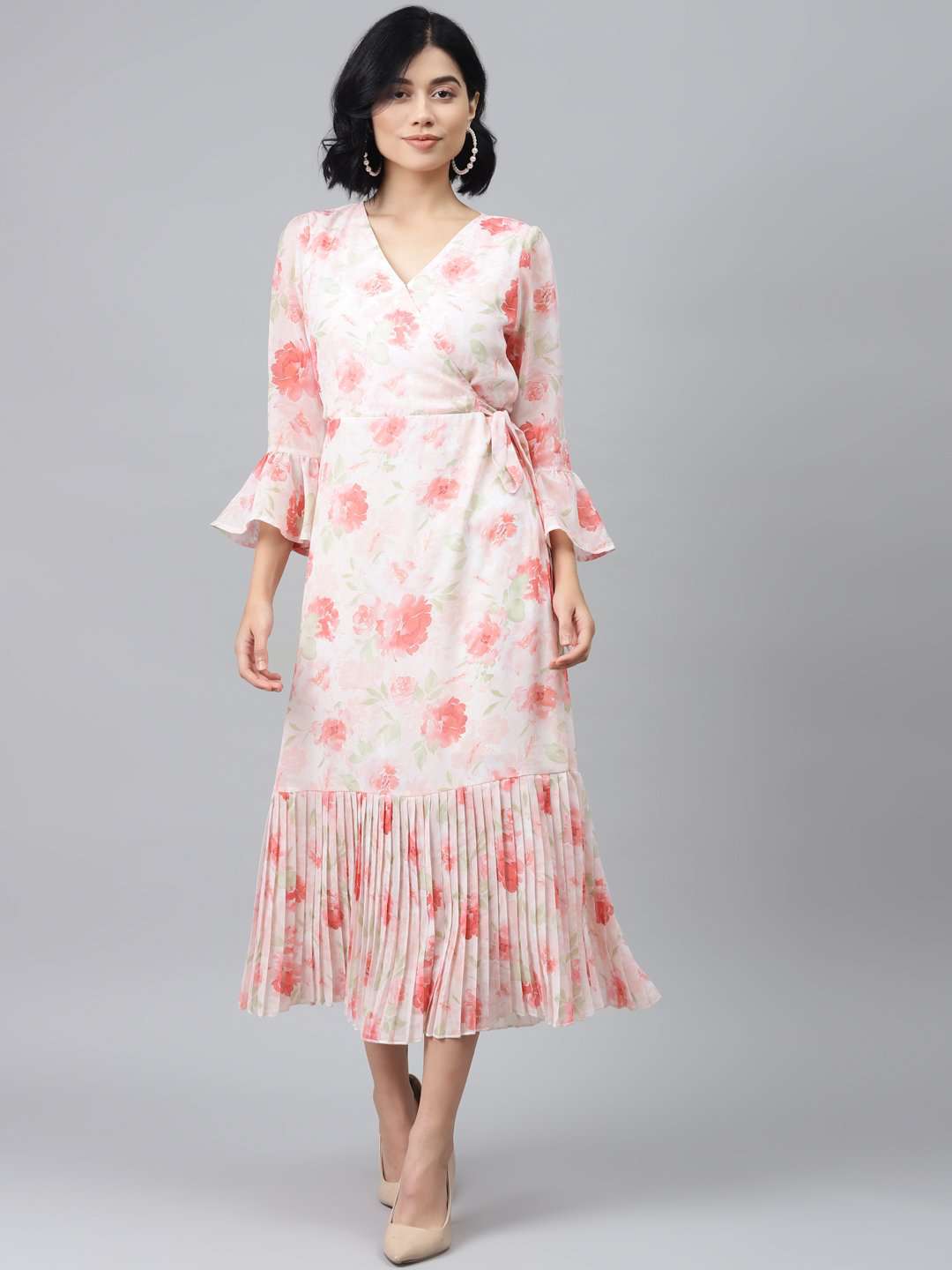 open lace back dress Pink Floral Pleated Midi Dress main image 0