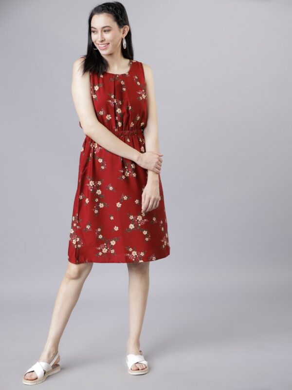 Rust Casual Printed Flared Blouson Dress Pinkberry Apparels Rust Casual Printed Flared Blouson Dress Pinkberry Apparels