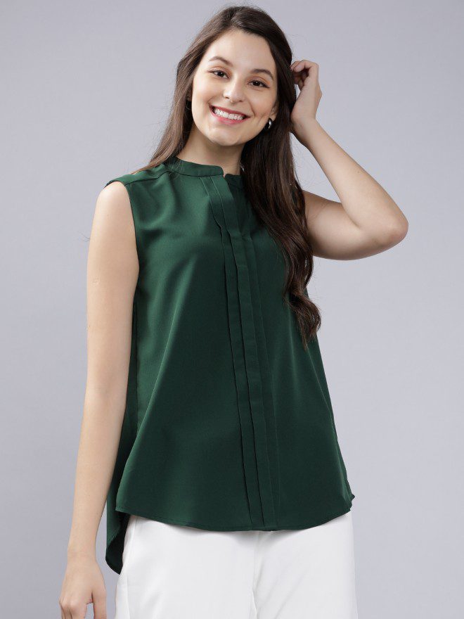 Green Solid Pleated Top