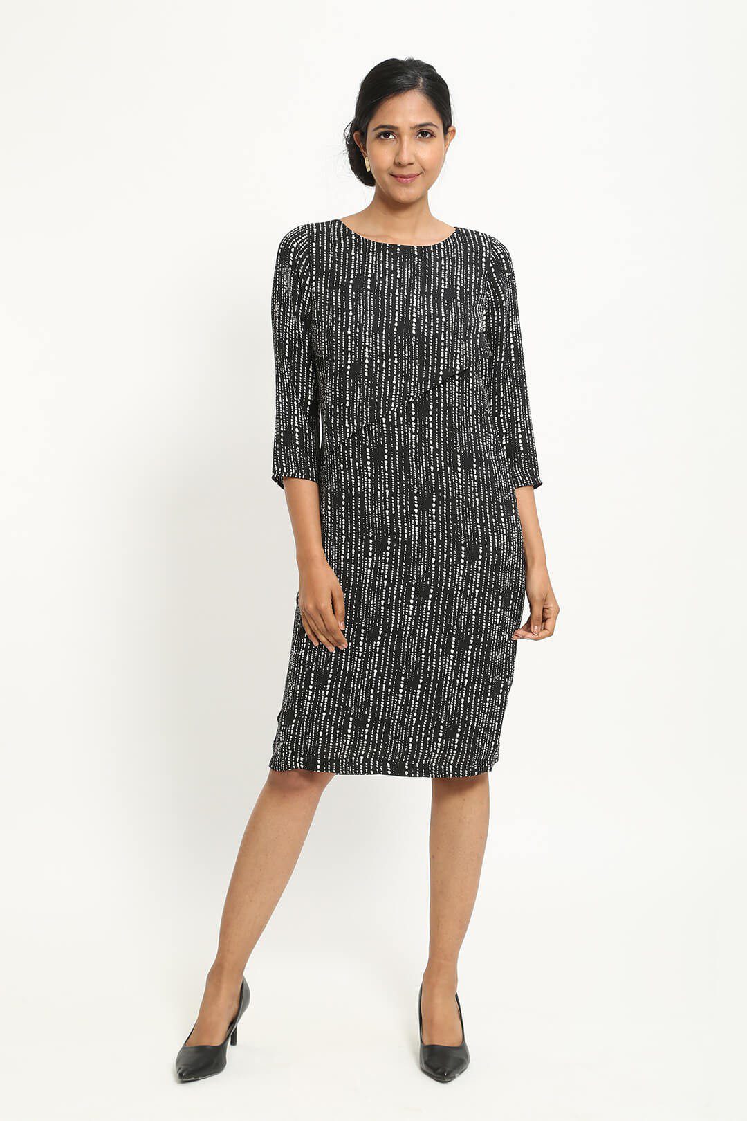 calvin klein dress leather trim Calvin Klein Black Sleeveless Sheath Dress with Textured Neckline – SilkRoll main image 0