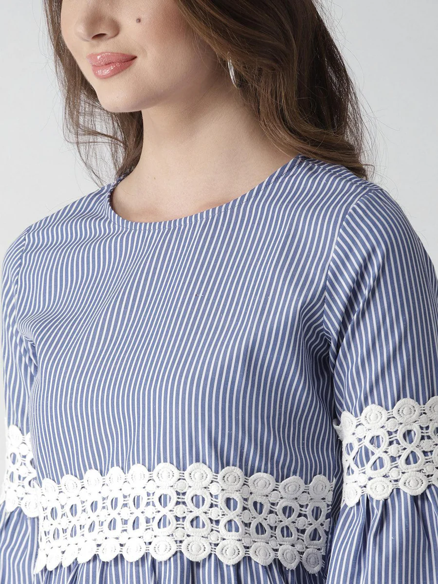 Blue and White Striped Empire Knee Length Dress - Image 5