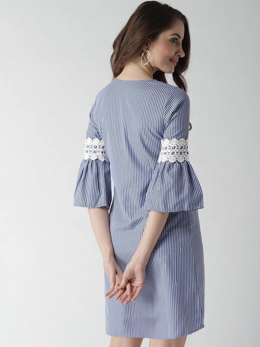 Blue and White Striped Empire Knee Length Dress - Image 3