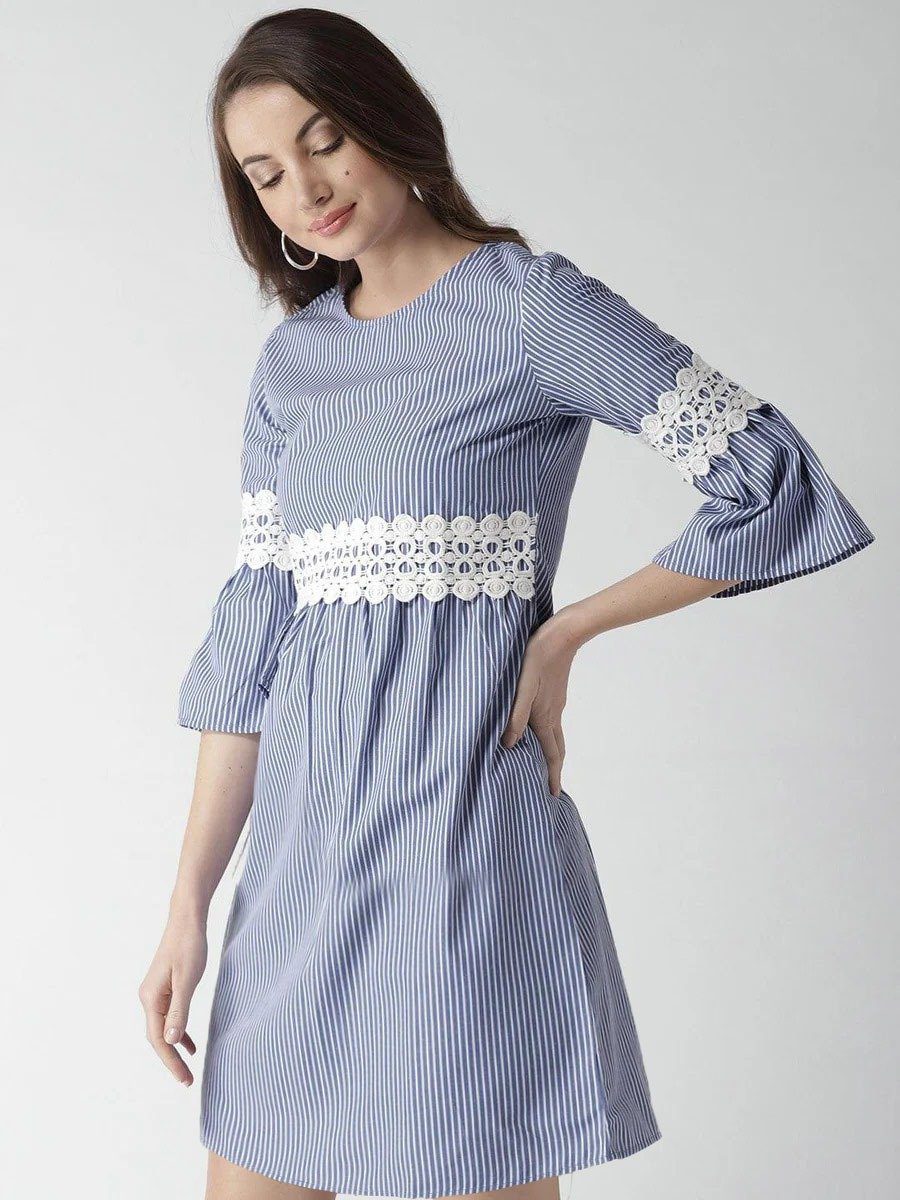 Blue and White Striped Empire Knee Length Dress - Image 4