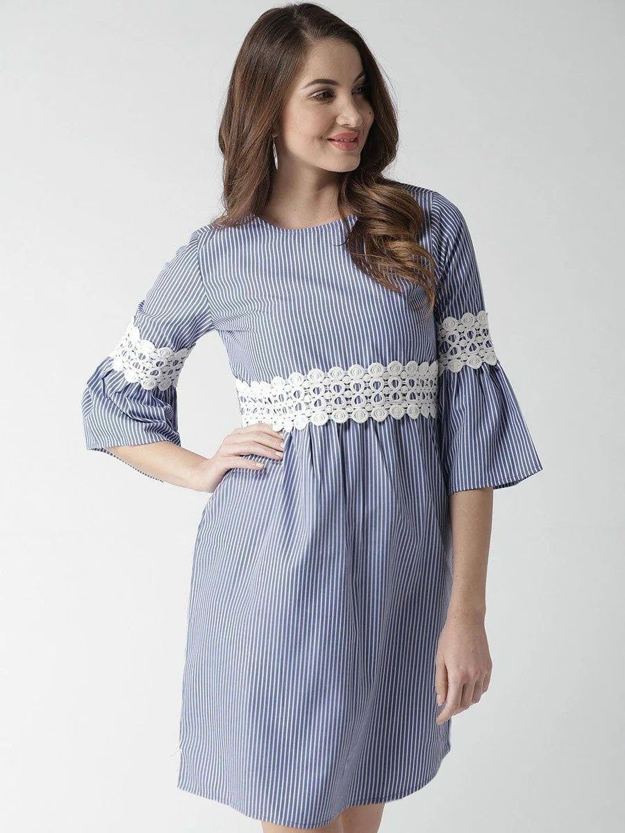 Blue and White Striped Empire Knee Length Dress - Image 2