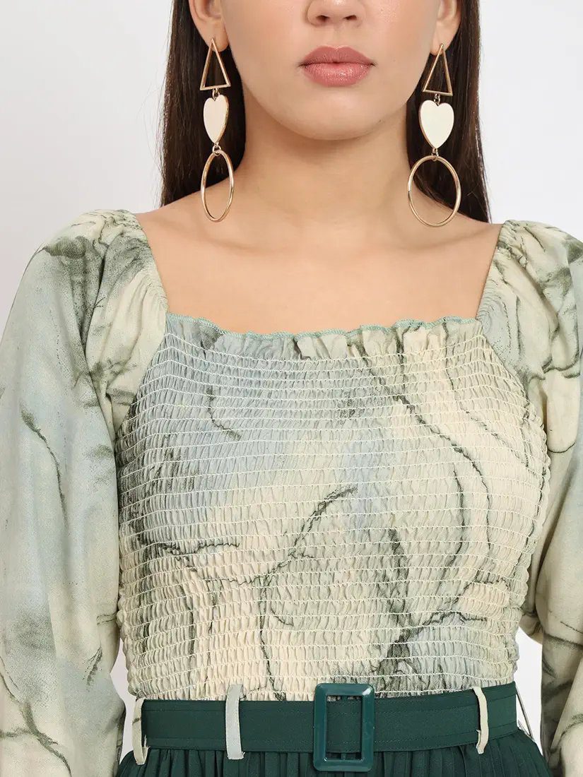 Green A Line Long Sleeves Casual Dress With Belt