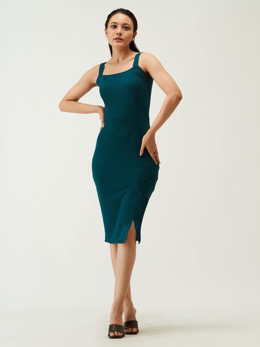 Chic Teal Square Neck Sheath Dress