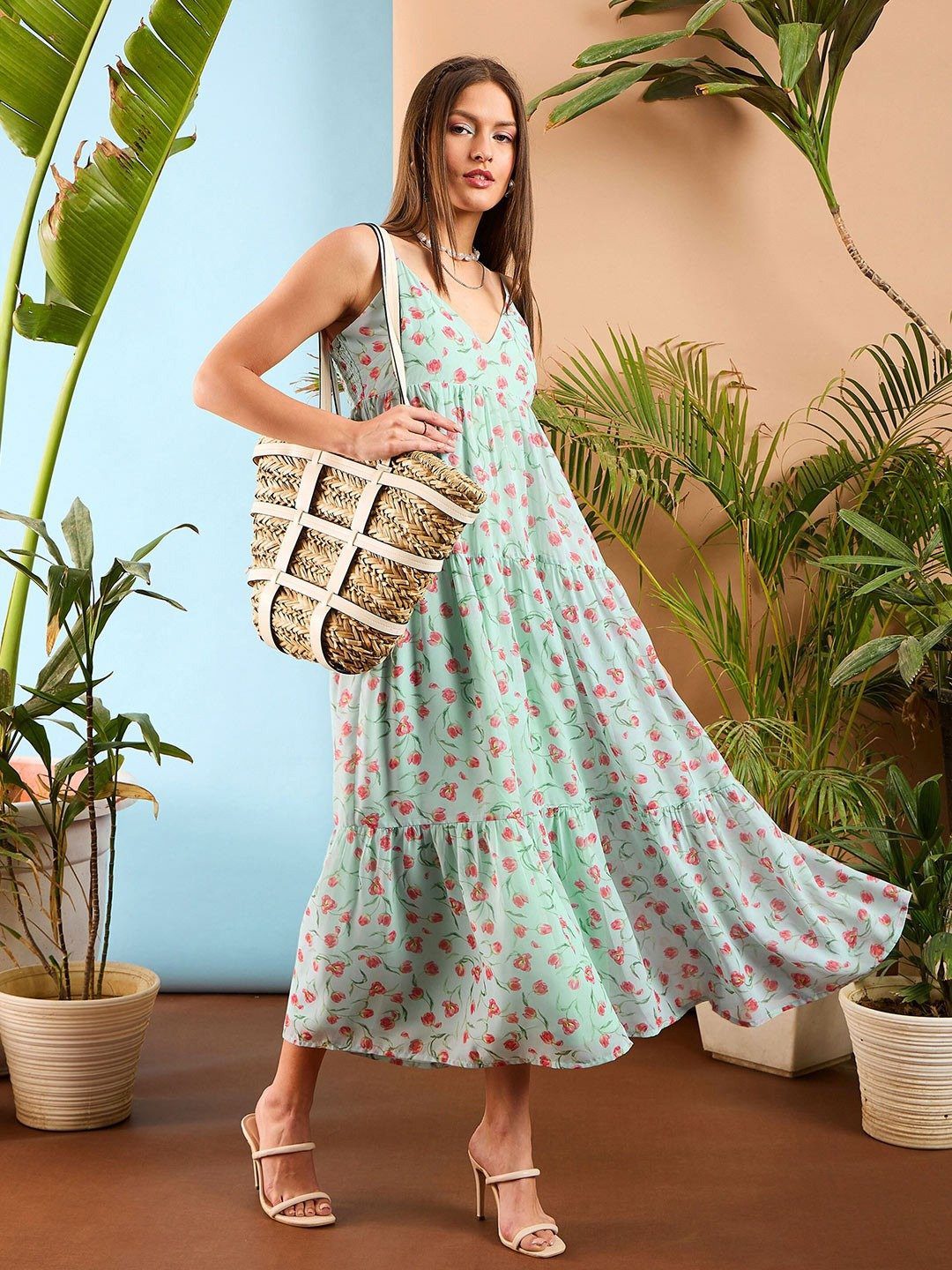 Festive Premium Sea Green Tiered Maxi Dress