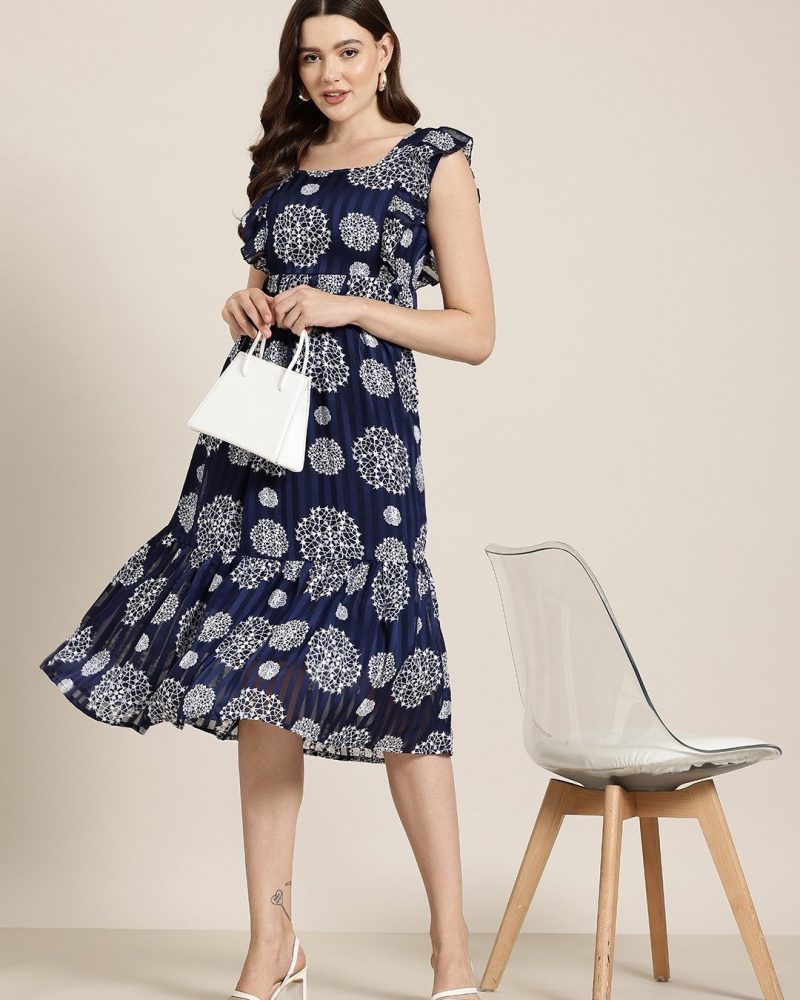 Navy Blue with White Printed Motifs A Line Midi Georgette Dress