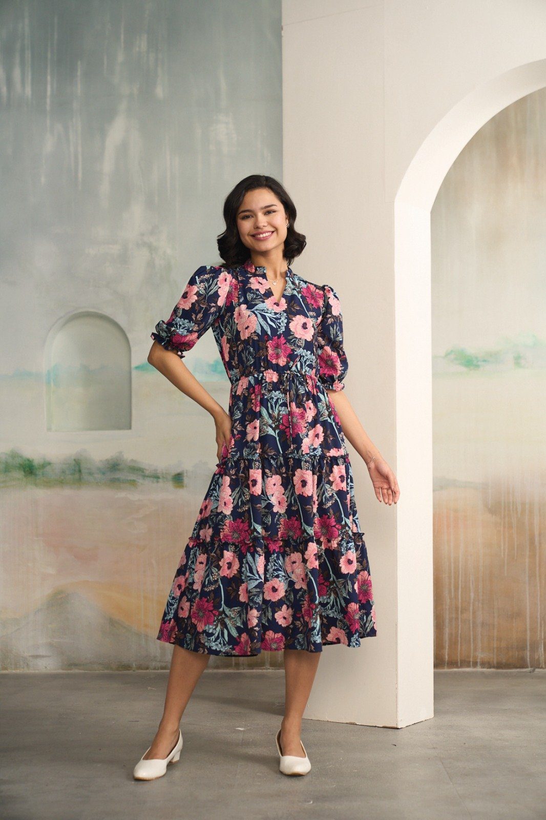 Vibrant Navy Blue and Pink Floral Midi Dress - Image 3