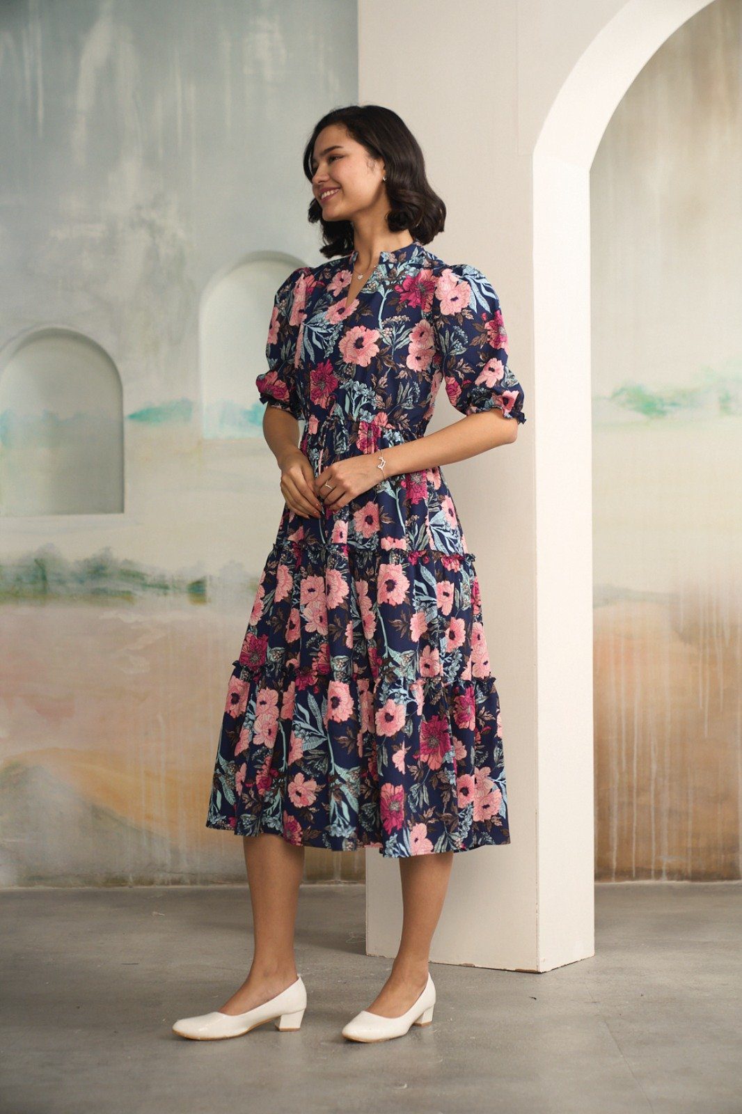 Vibrant Navy Blue and Pink Floral Midi Dress - Image 7