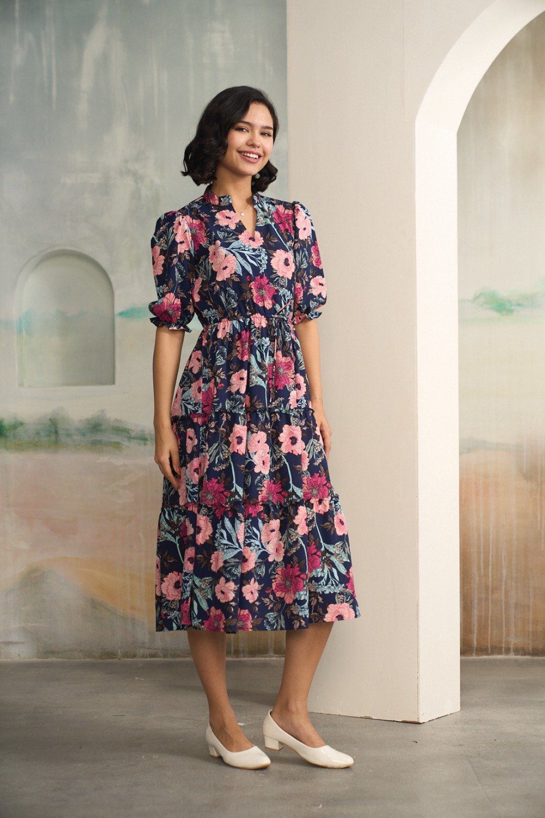 Vibrant Navy Blue and Pink Floral Midi Dress - Image 6