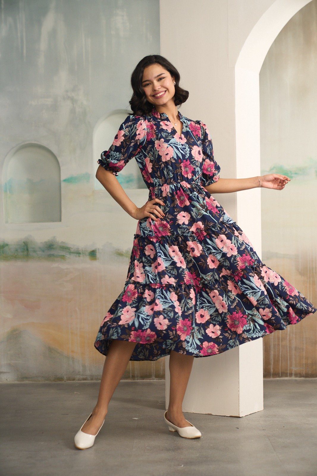 Vibrant Navy Blue and Pink Floral Midi Dress