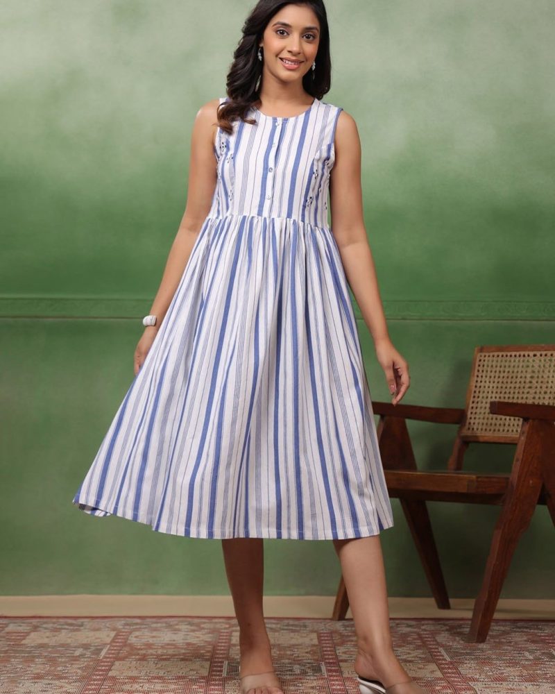 Premium White and Blue Striped Cotton Embroidered Midi Dress
