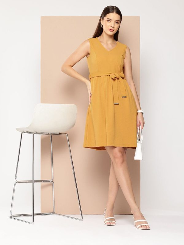 Premium Formal Mustard Yellow Fit and Flare Belted Dress Premium Formal Mustard Yellow Fit and Flare Belted Dress