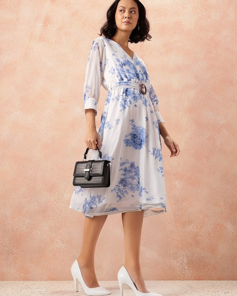 Stunning White and Blue Floral Georgette Midi Belted Dress