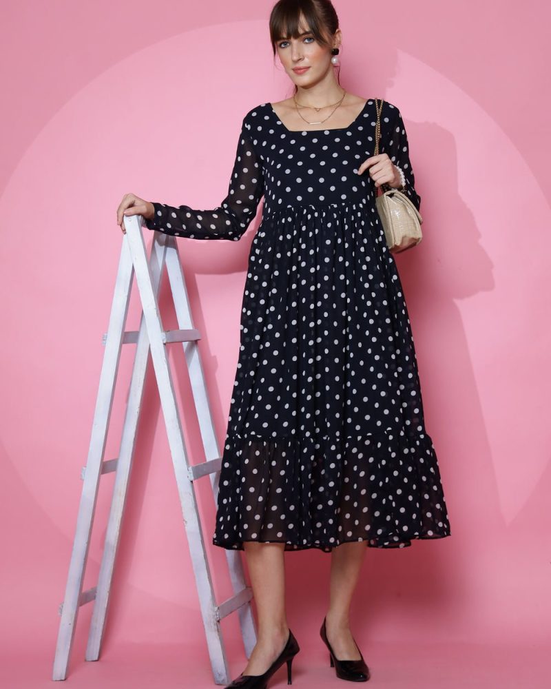 Classy Black and White Polka Dotted Georgette Midi Dress