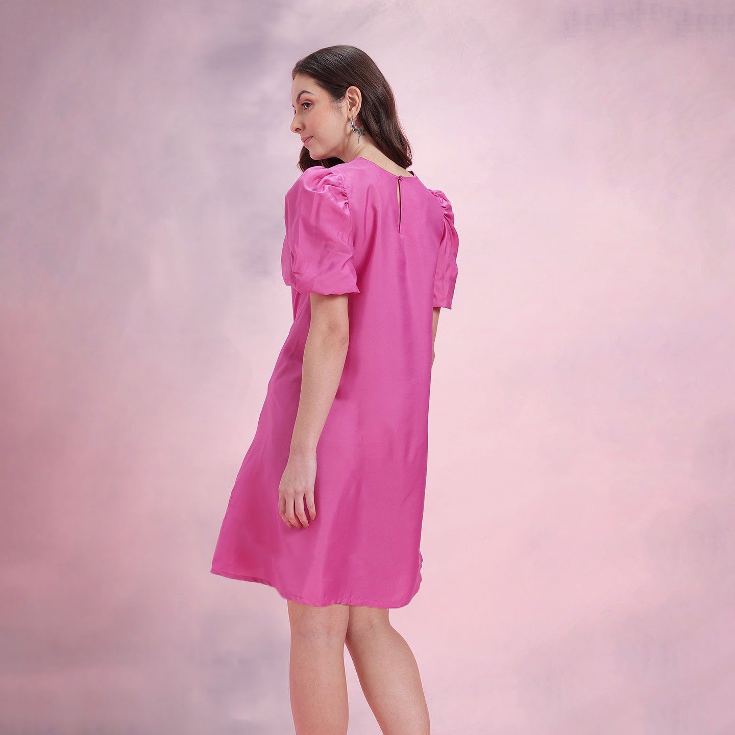 Hot Pink Puffy Sleeves A Line Dress - Image 5