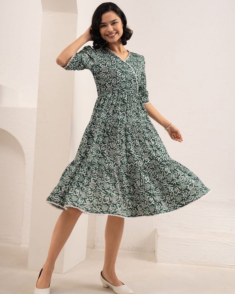 Stunning Green and White Midi Printed Fit and Flare Dress