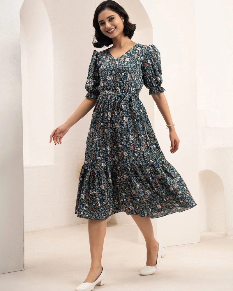 Comfy Teal Floral Printed Midi Dress