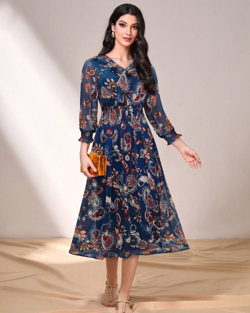 Gorgeous Navy Blue Georgette Paisley Midi Dress