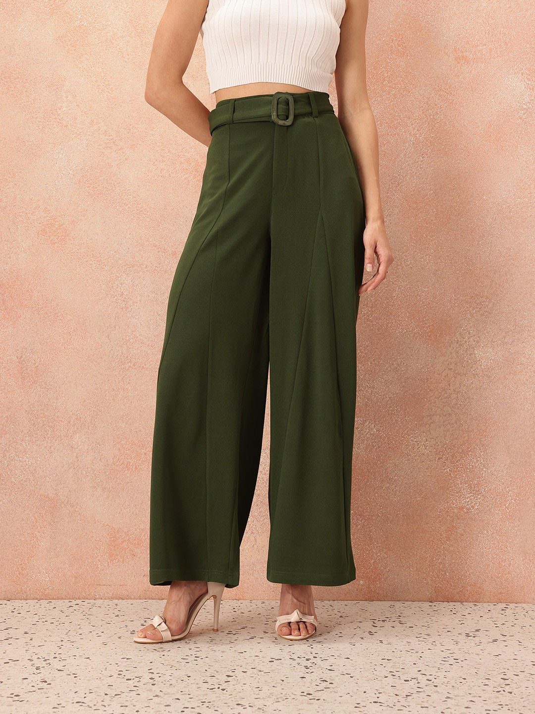 Premium Dark Olive Green Flared Trousers - Image 3