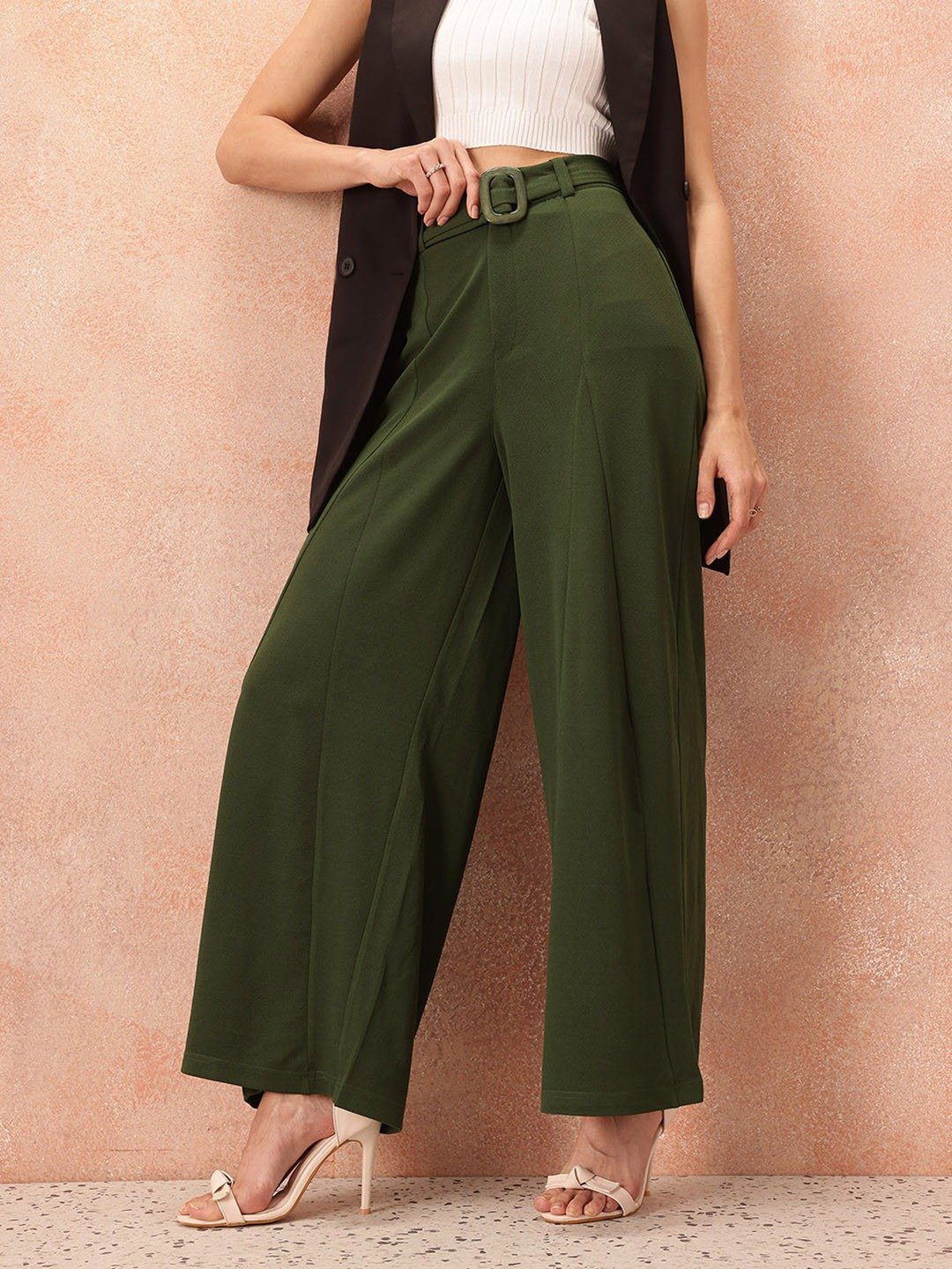 Premium Dark Olive Green Flared Trousers - Image 2