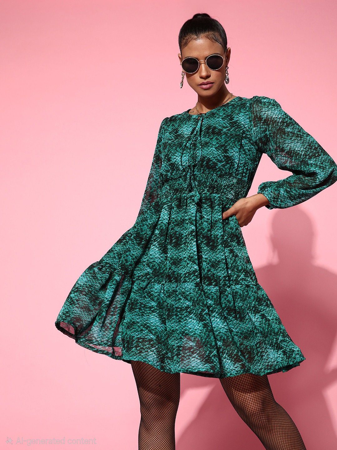 Emerald Green Georgette Fit and Flare Dress - Image 5