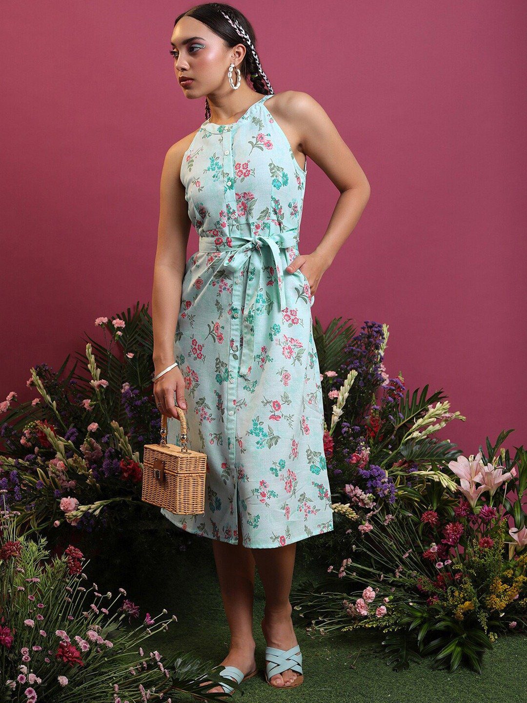 Festive Collection Sea Green Floral Cotton Dress - Image 2